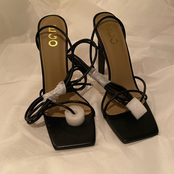 Lace-up Square Toe Sculptured Black Heels - Picture 4 of 5